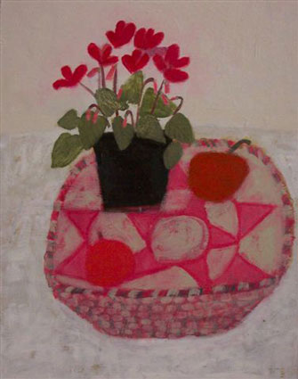 Basket with cyclamen and fruit